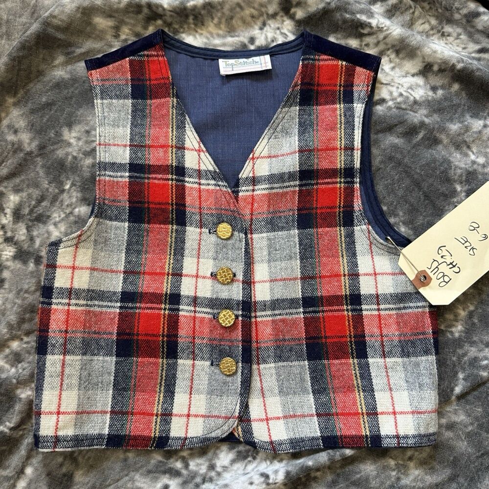 Vintage Boys TopStitch Plaid Vest Tartan Sony Pictures 1970s Red Blue Size 6-8
